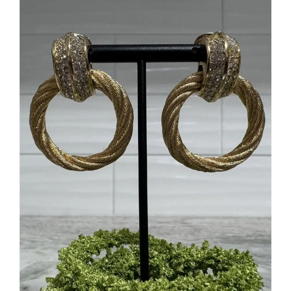 Vintage Auth Christian Dior Chunky Gold Tone Rhinestone Door knocker Earrings